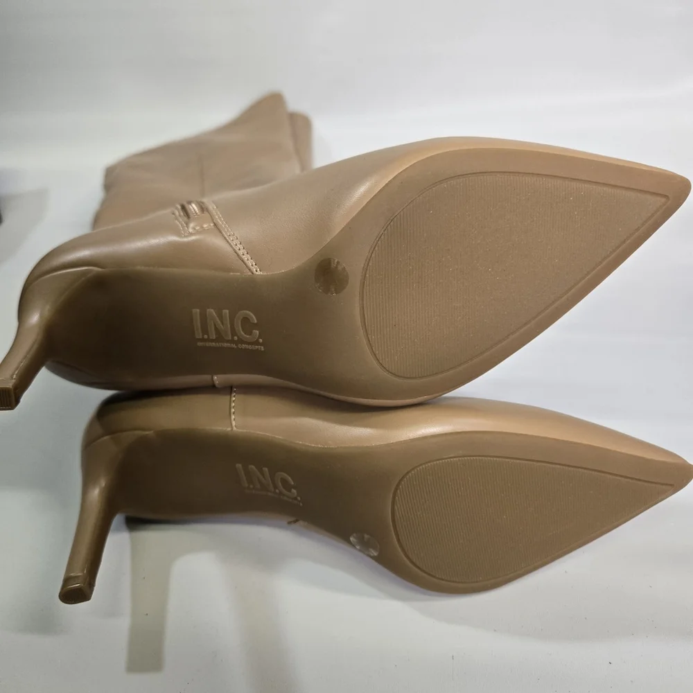 INC Damoni Over the Knee Faux Leather Slouch Boots Tan Pointed Toe Heel 7 NIB